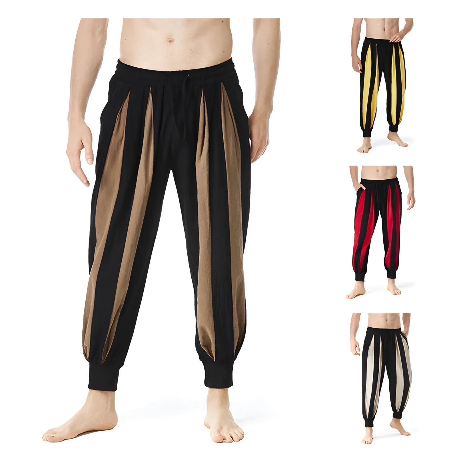 Men's straight-leg casual trousers in polyester available in red, khaki, yellow, and brown colours