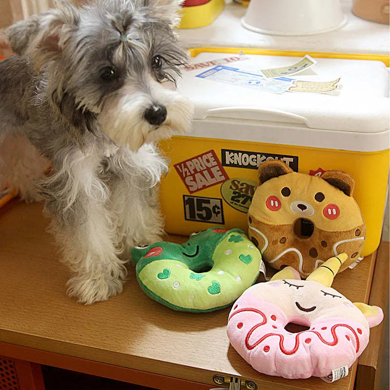 Plush donut sound toy for small and medium pets in bear, frog and unicorn colours with PE bag
