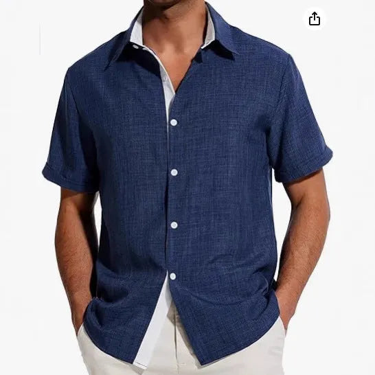 Men's short-sleeved floral print shirt in lightweight polyester fabric on a hanger.
