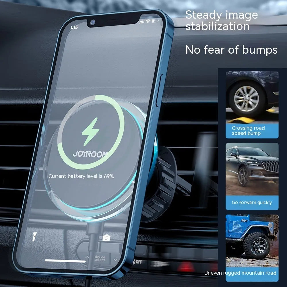 Black magnetic wireless car phone holder mounted on air vent with smartphone attached