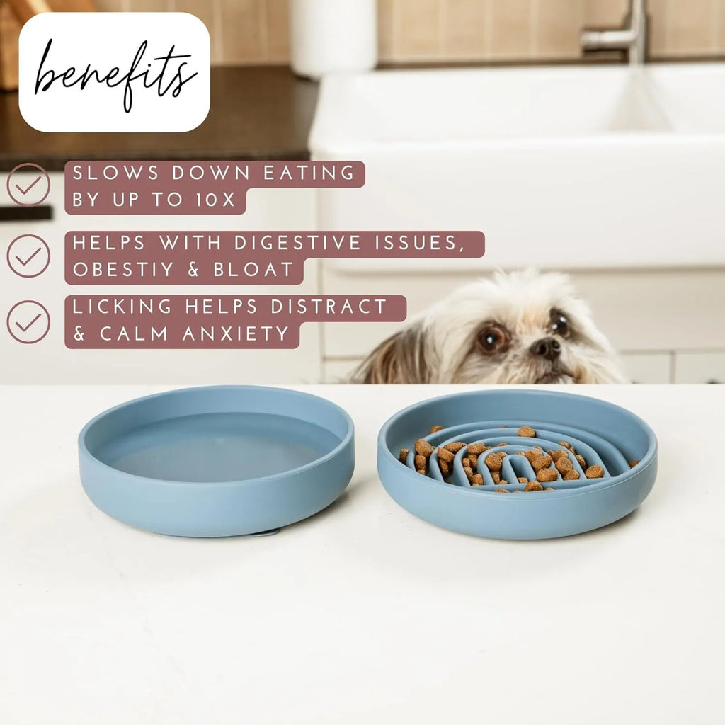Silicone dog slow feeder bowl with ridges and nooks, shown in beige colour