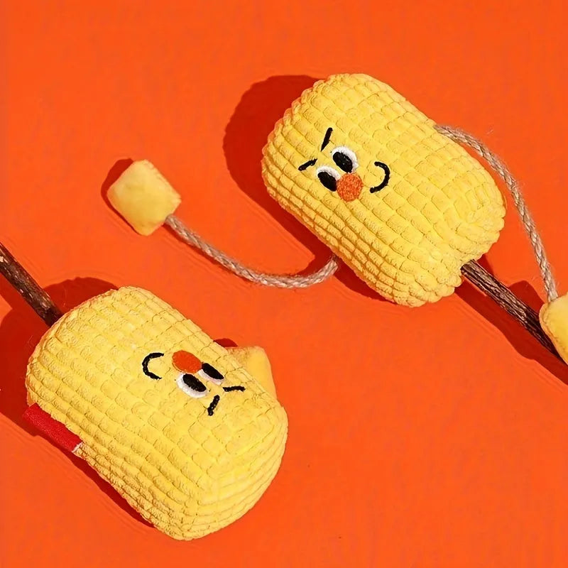 Natural wood corn cob shaped cat chew toy for dental health, measuring 15cm long with textured surface