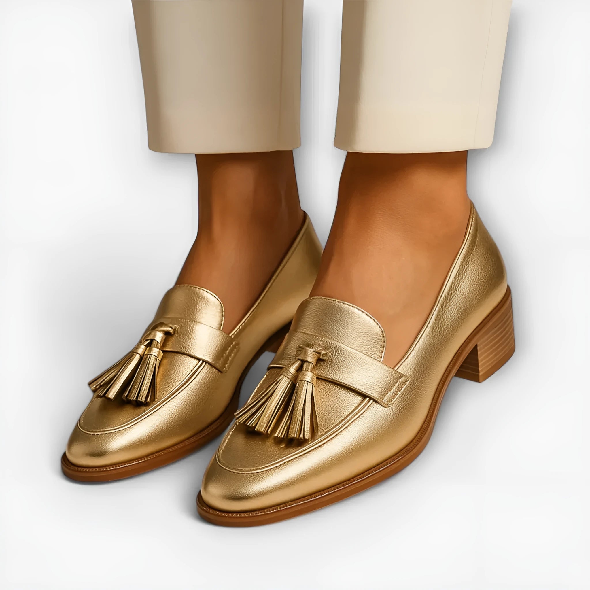 Gold low heel plus size tassel slip-on women's pumps with square toe and rubber sole