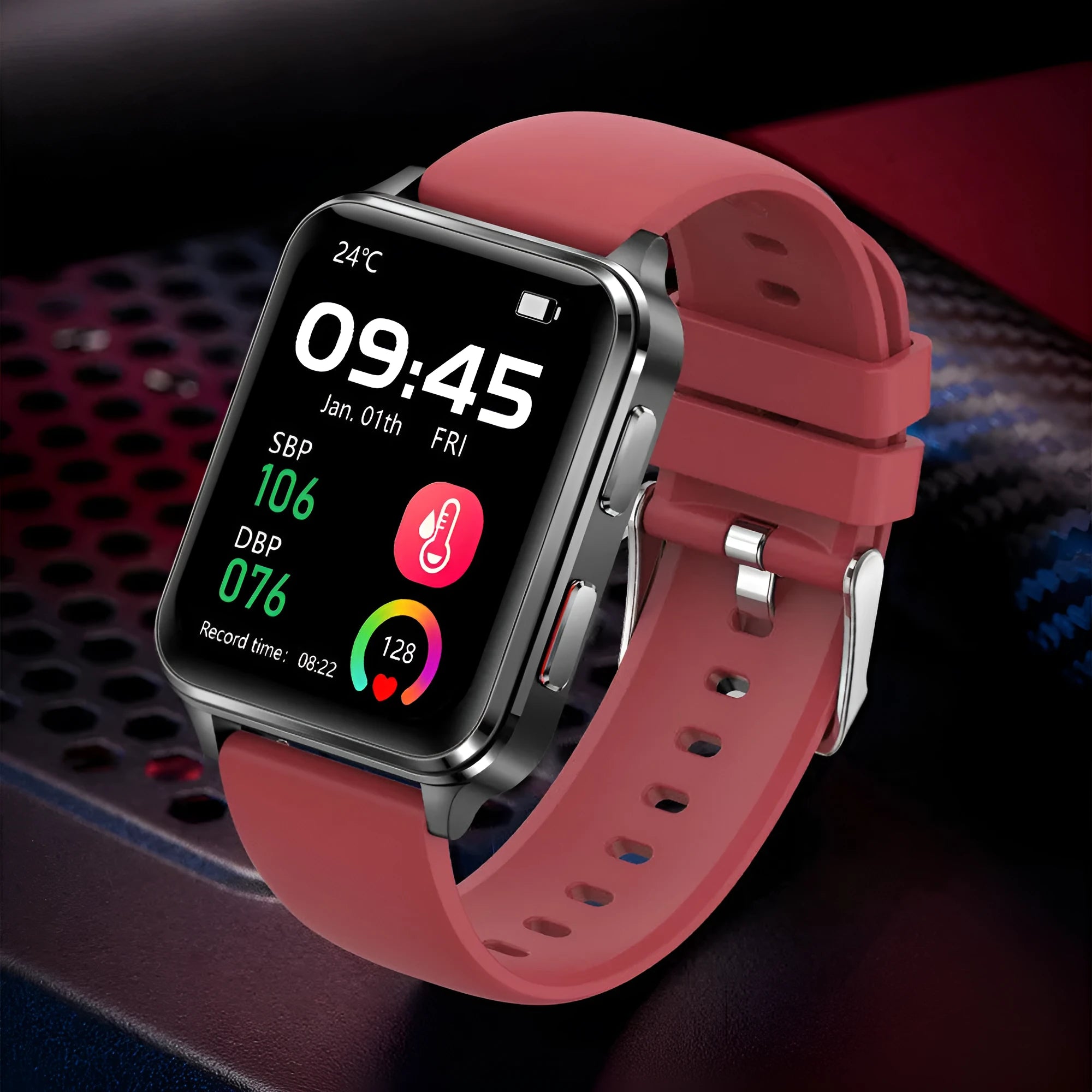 Multi-sport smart watch with a blue silicone wristband showing its 1.7-inch touchscreen display.