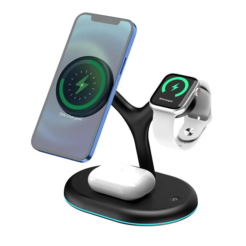 Black magnetic wireless charging stand holding an iPhone vertically on a desk