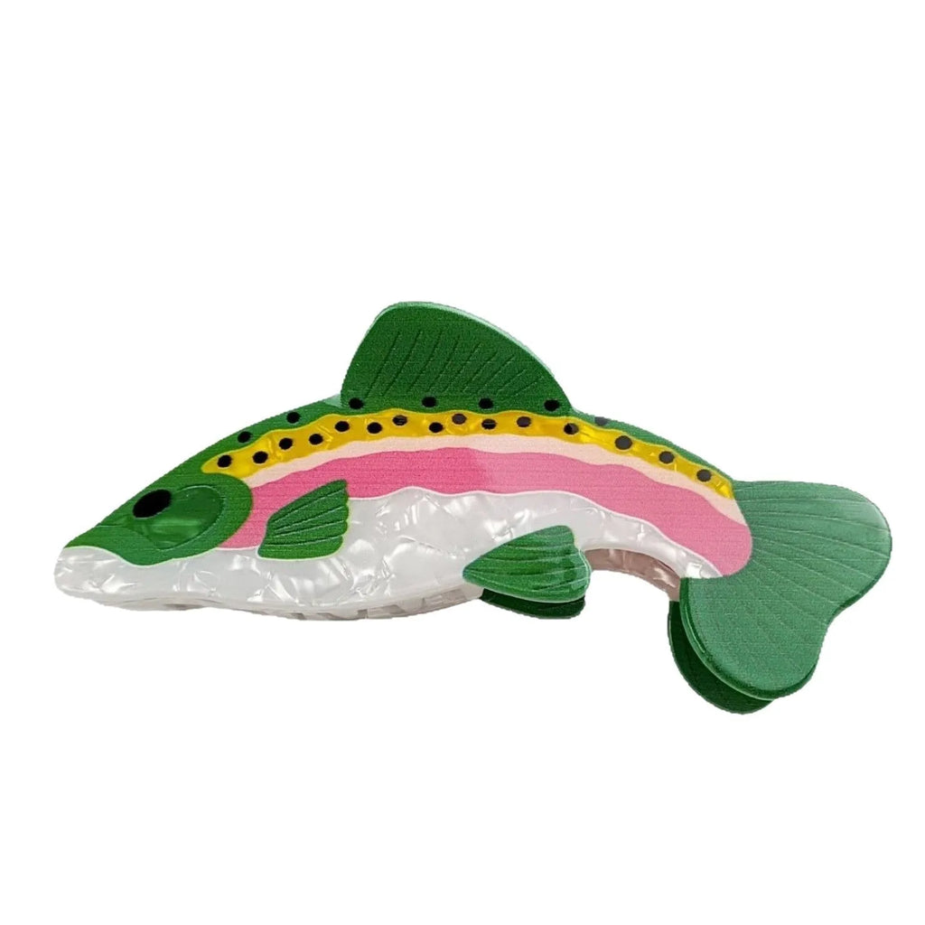 Dark green PVC hair clip featuring a printed rainbow trout and carp design.