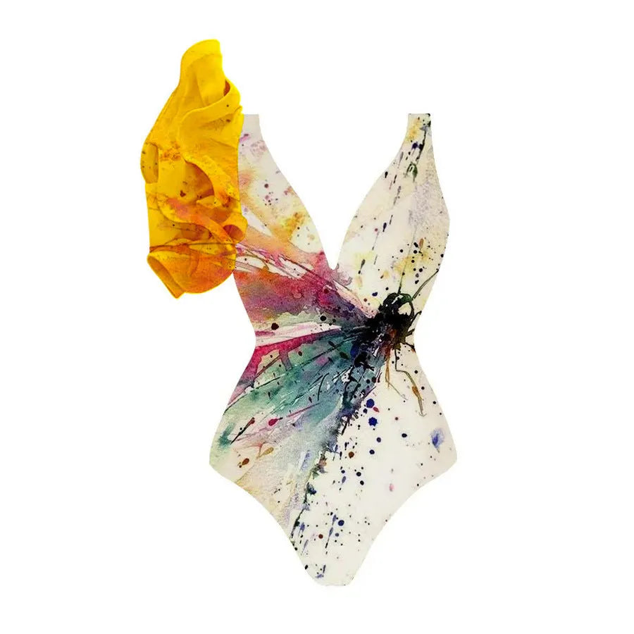 Yellow women's one-piece swimsuit with high waist and briefs style for conservative coverage.