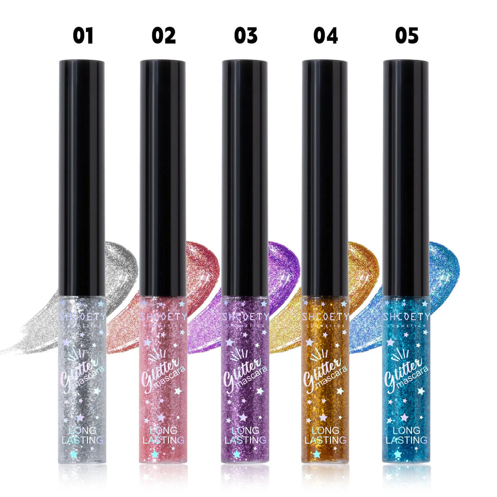 Waterproof colour mascara in five shades including pink, gold, purple, blue, and iron grey with non-smudge formula