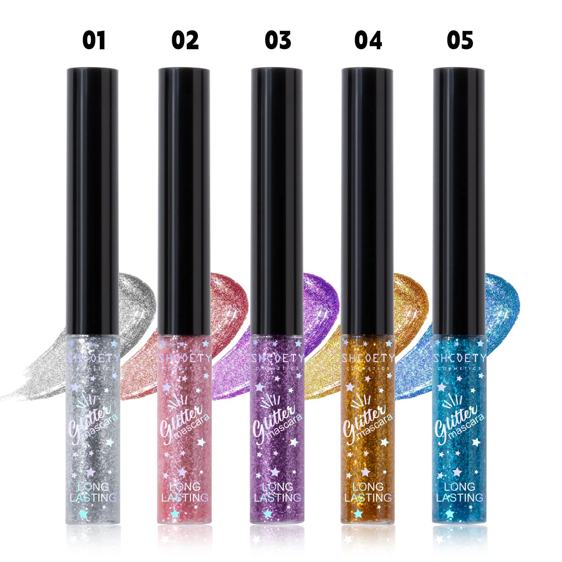 Waterproof colour mascara in five shades including pink, gold, purple, blue, and iron grey with non-smudge formula