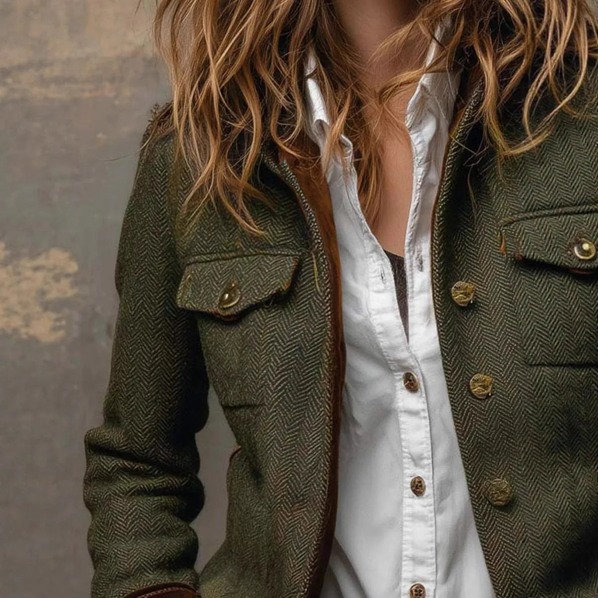 Women's army green herringbone tweed blazer with velvet trim, long sleeves, front view