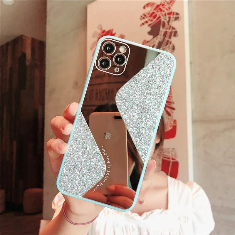 Glitter mirror iPhone case with rhinestone detailing in black, blue or pink colours