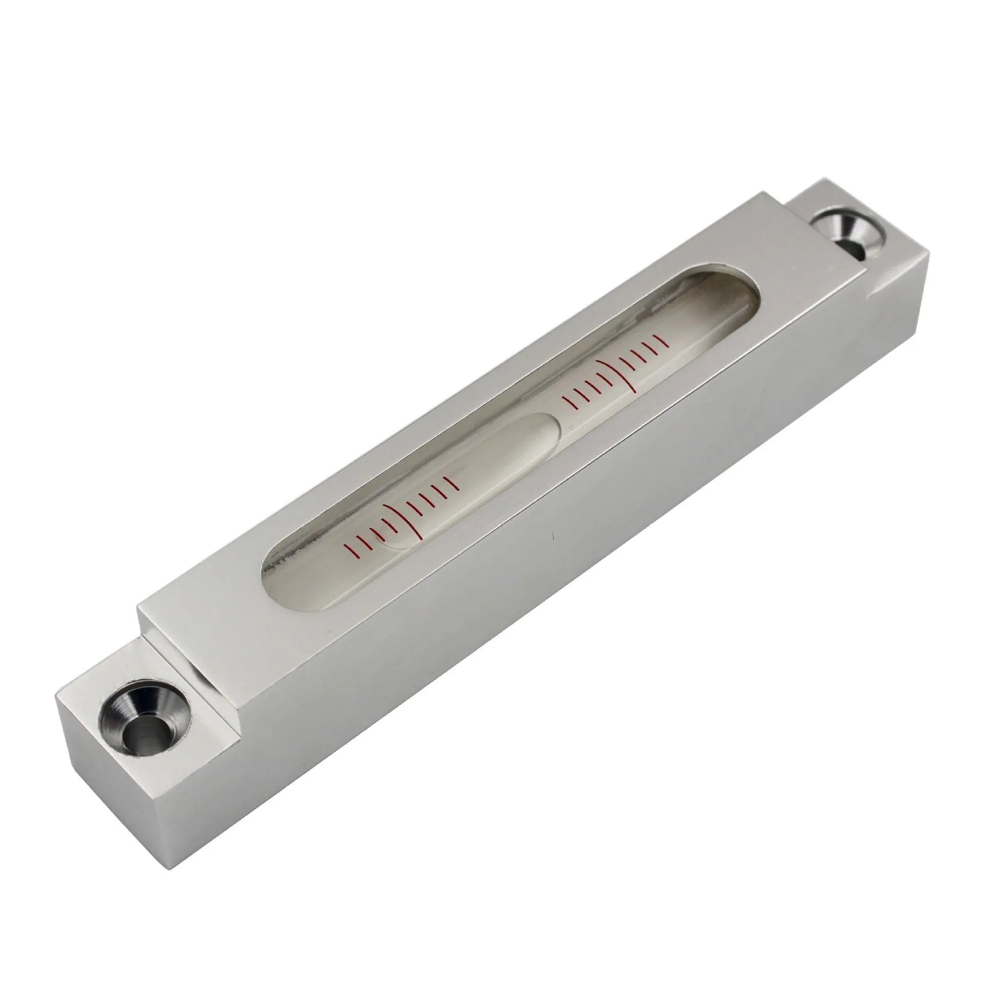 Metal and glass mini strip level showing precision vial on a 132mm long ruler.