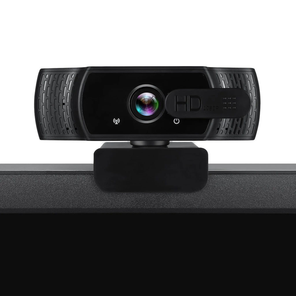 Black 1080p USB webcam with built-in microphone and universal clip for laptops.