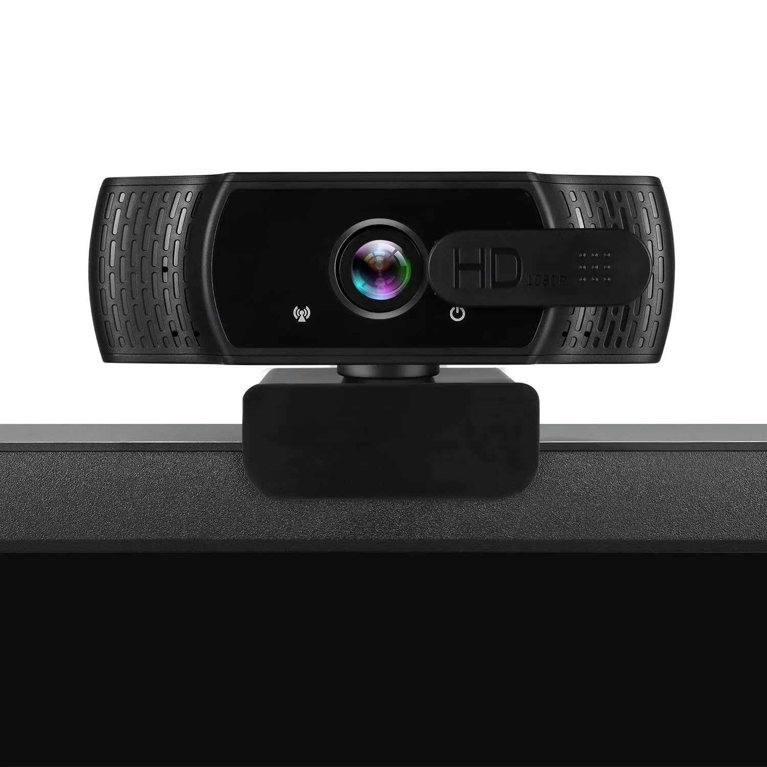 Black 1080p USB webcam with built-in microphone and universal clip for laptops.