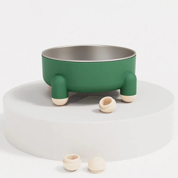 Stainless steel non-slip pet bowl with raised feet in green, pink, and white colour options.