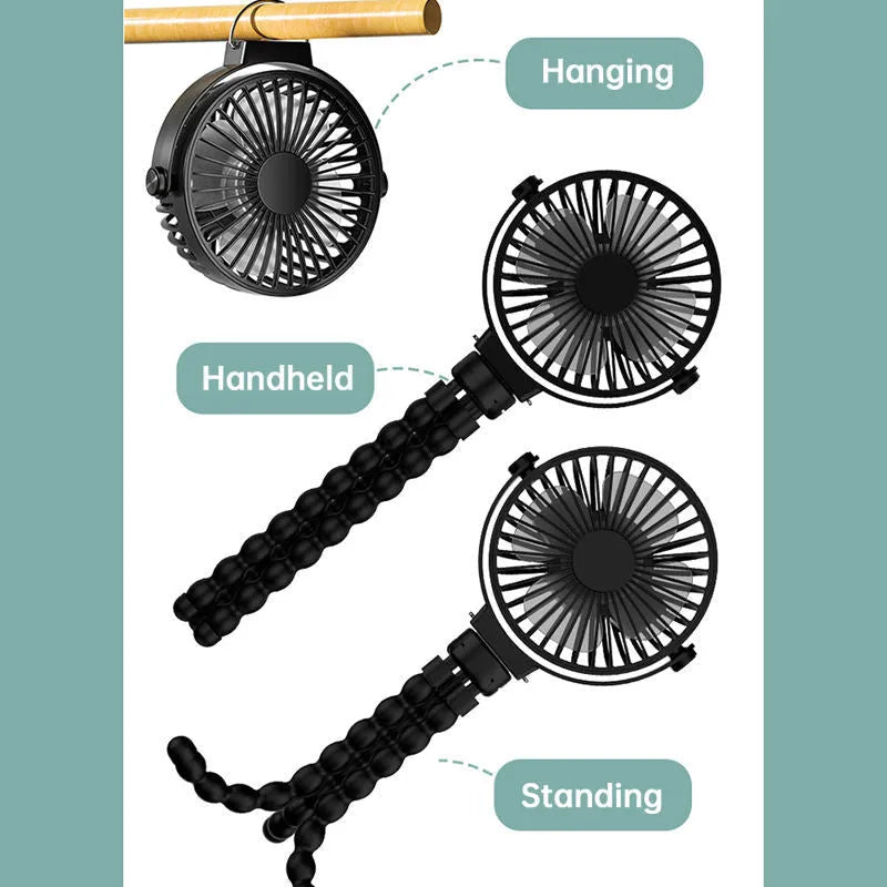 Black flexible tripod USB fan showing clip mechanism and 360° rotation capability