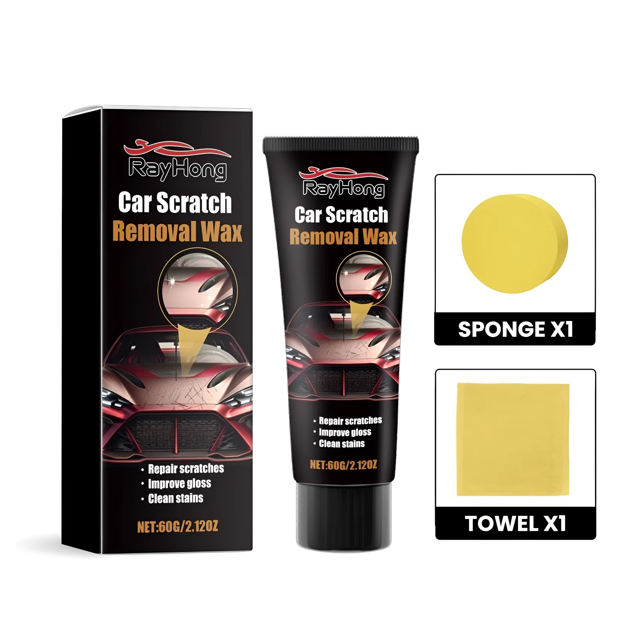 Car scratch removal wax kit showing 60g paste container, sponge and towel for vehicle scratch repair