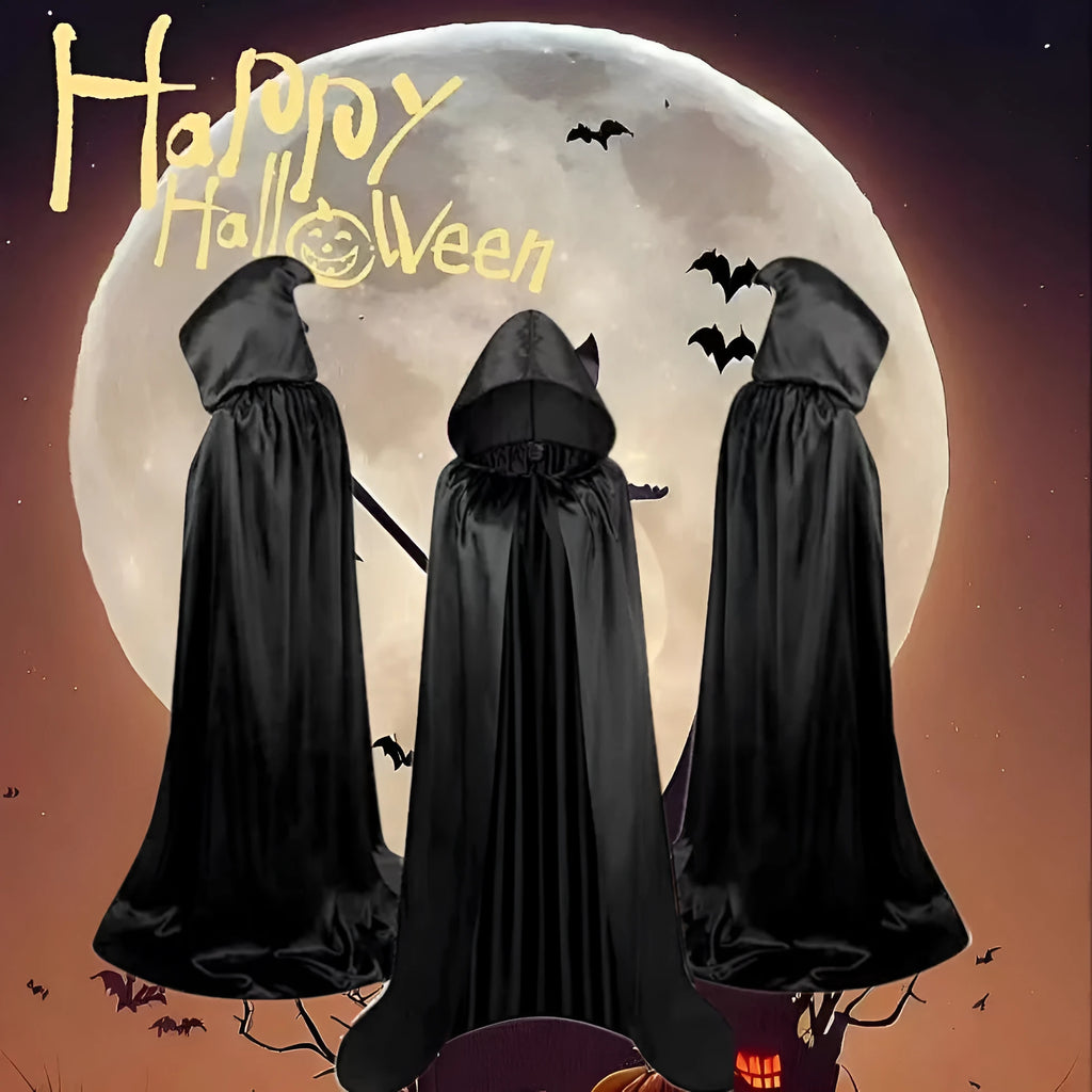 A black satin hooded cloak costume for children, shown laid flat.
