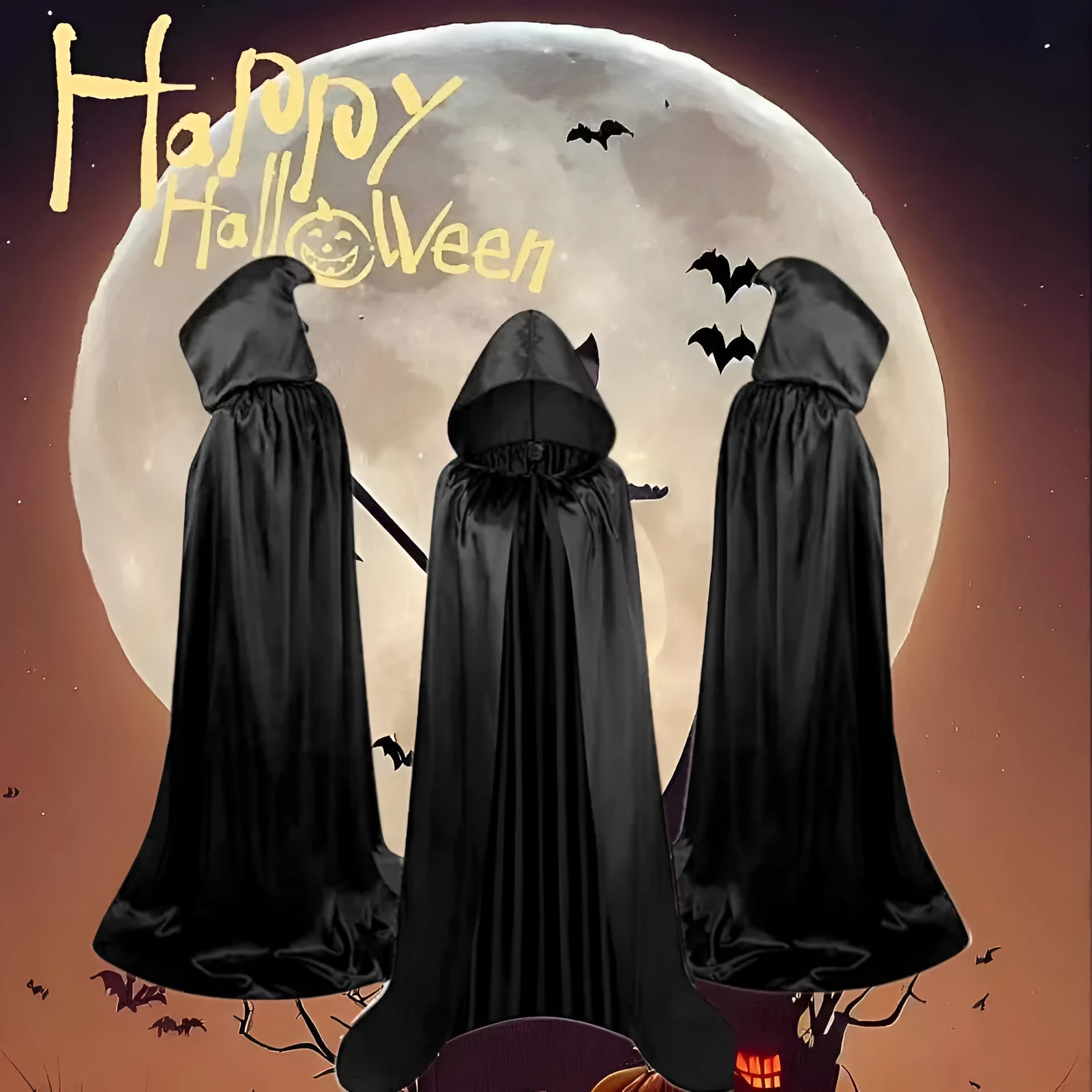 A black satin hooded cloak costume for children, shown laid flat.