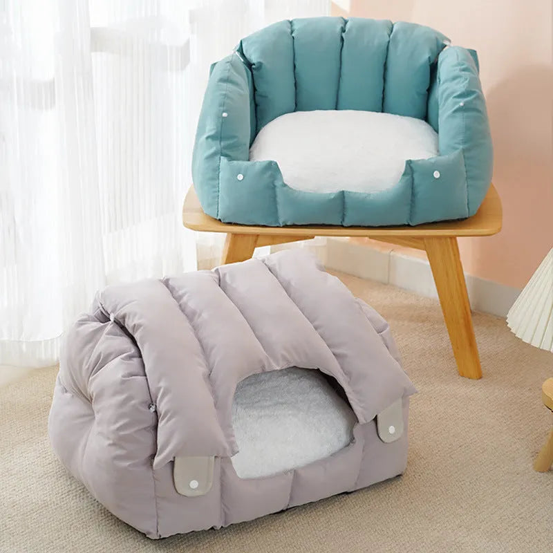 Grey and green dual-purpose arched pet nest showing both enclosed and sofa-style configurations for cats and dogs