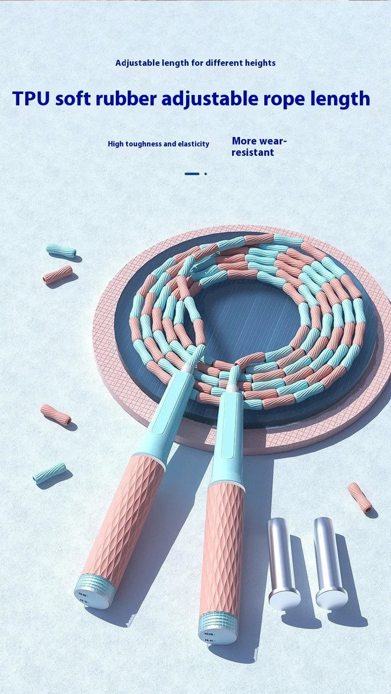 Children's soft bamboo bead skipping rope in blue with 2.8 metre length and non-knotted PP construction