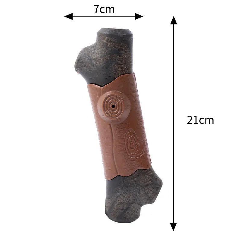 A brown, branch-shaped durable nylon dog chew toy with texture, suitable for large aggressive chewing dogs.
