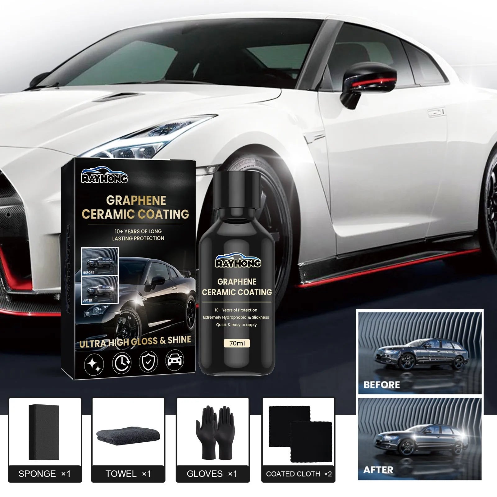 70ml bottle of automotive graphene ceramic coating with sponge, towel, gloves, and cloths laid out.