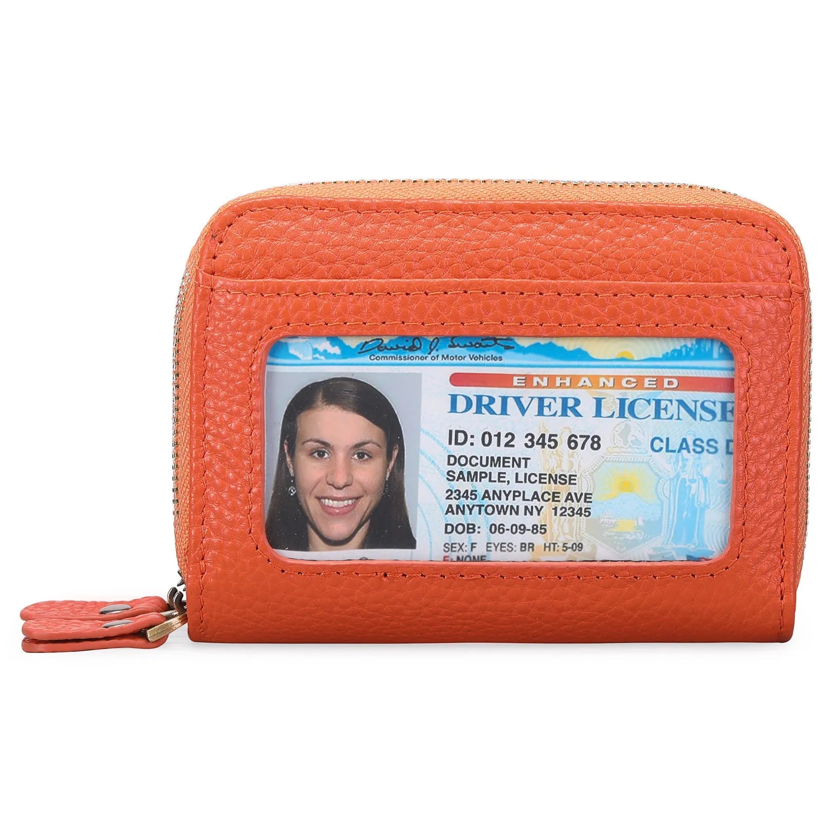 Genuine cowhide leather double layer card holder with zipper, shown in red colour with gift box.