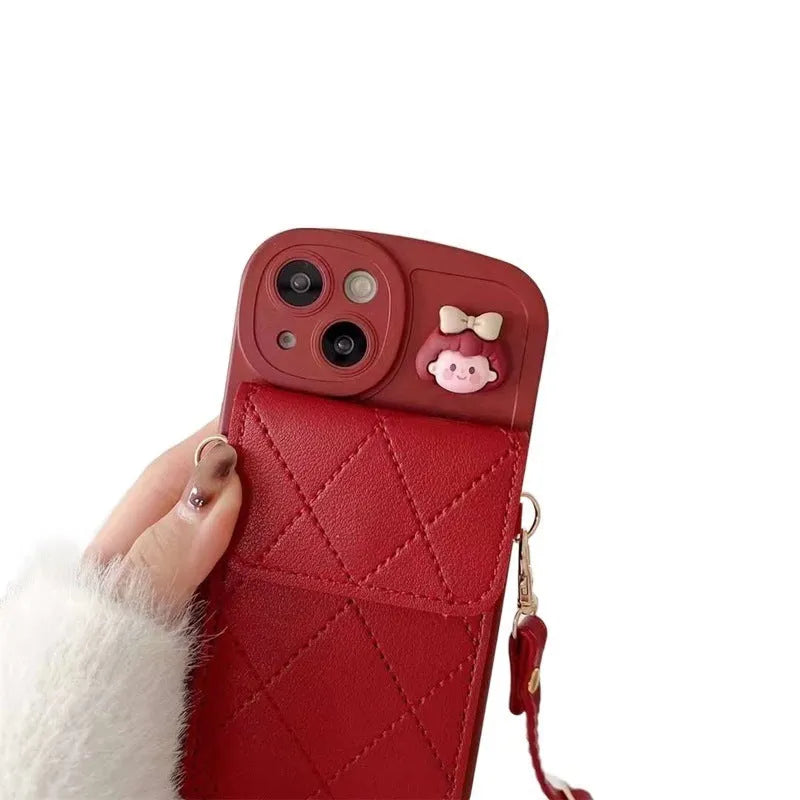 Red TPU crossbody card holder phone case with lanyard for iPhone, red diamond plaid pattern