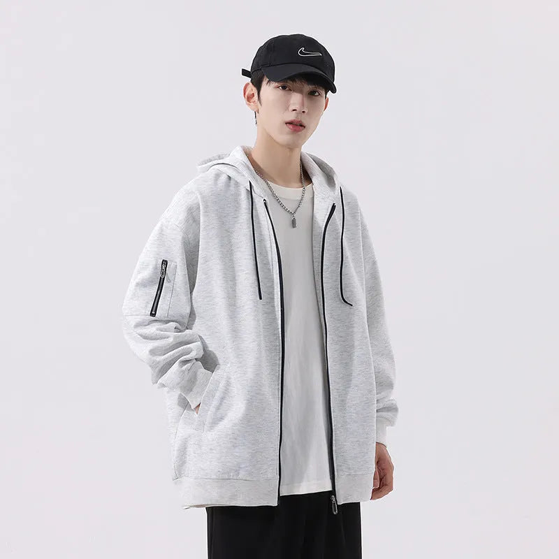 Teenagers loose hooded cardigan in solid colour polyester fibre, available in black, gray, and dark blue