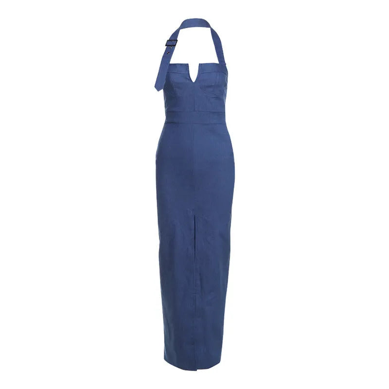 Retro blue denim slim-fit halter dress with slit design and A-line skirt