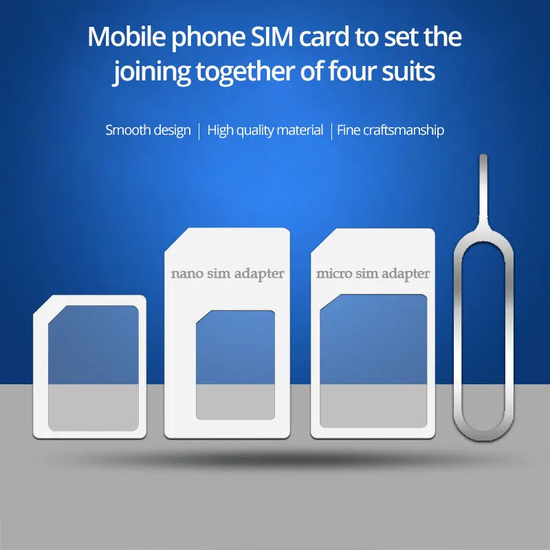 SIM card adapter set with three plastic converters and metal picking pin for mobile phones