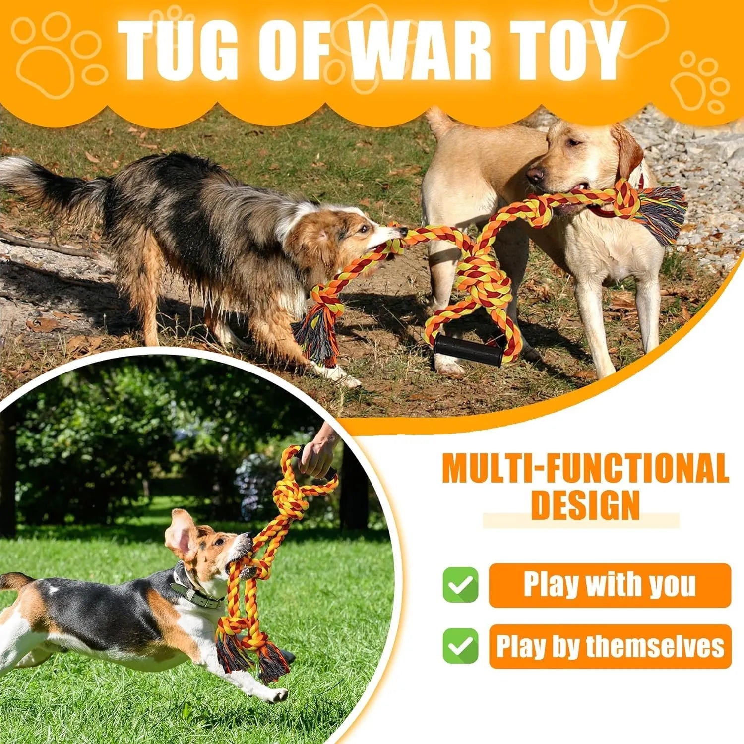 Blue and yellow cotton rope dog tug toy with a handle, shown next to a large breed dog.