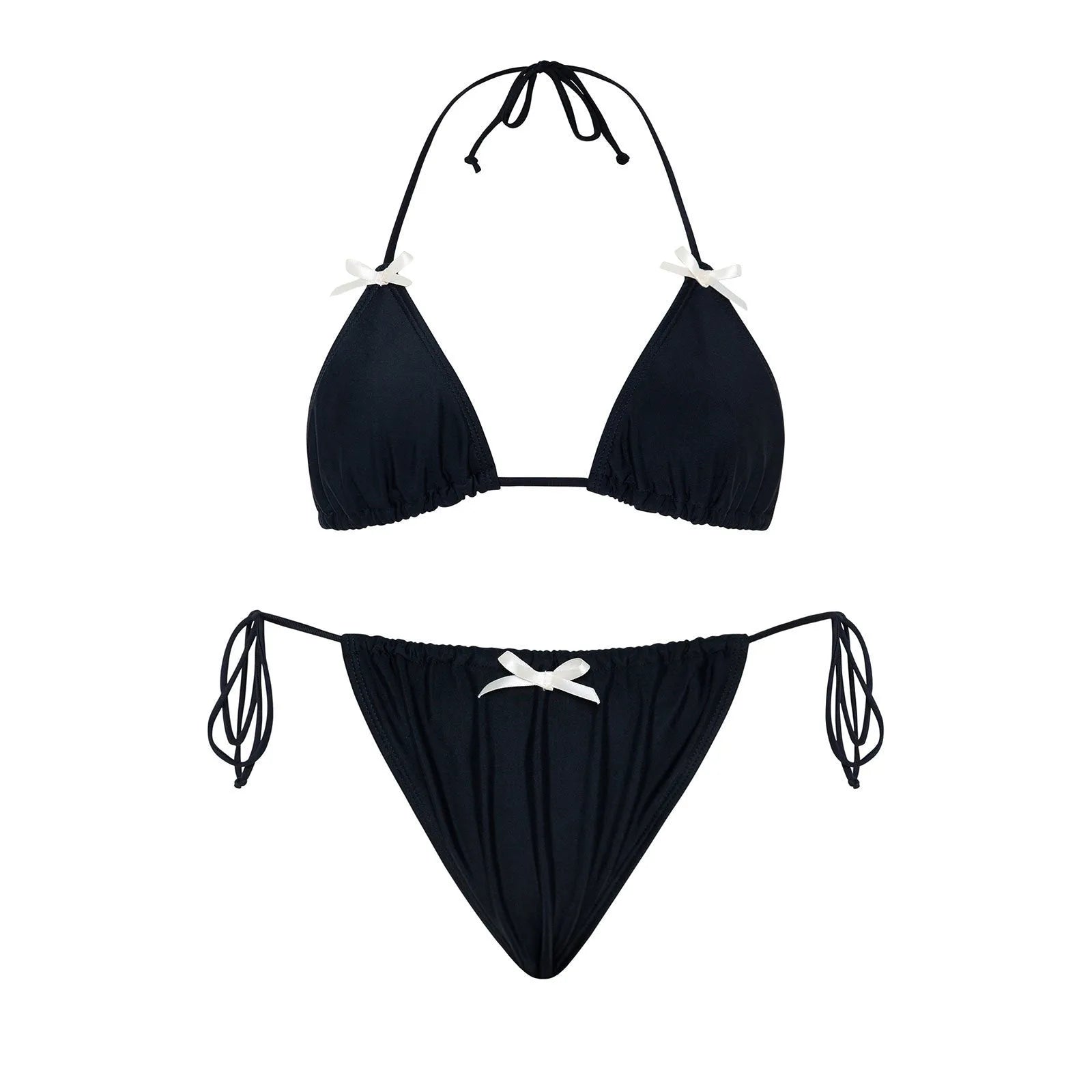 A black women's bikini swimsuit with a bow tie on the front, shown as a set.