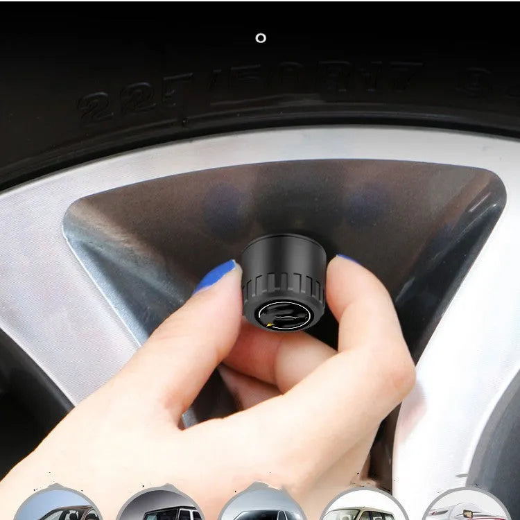 Bluetooth automotive tyre pressure monitoring system with four external sensors and installation tools.
