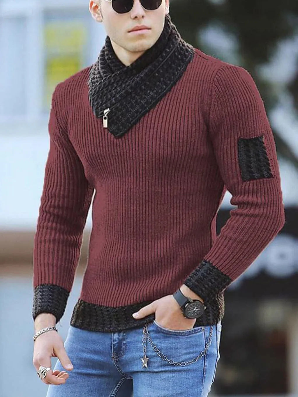 Men's slim fit high collar knit sweater in grey, long sleeve winter pullover with ribbed hem, sizes S-XXXL