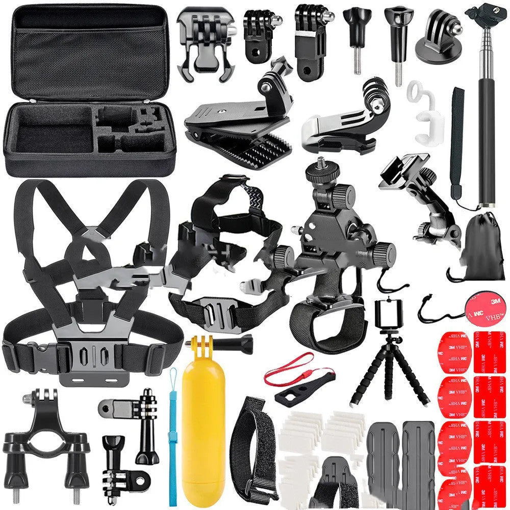 Black GoPro camera accessories set showing chest strap mount, helmet adapter, and portable tripod.