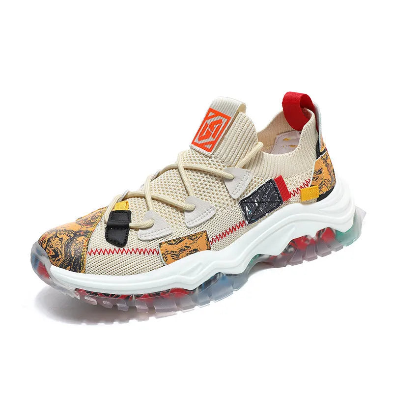 Beige Flyknit Platform Dad Shoes casual sports trainers with low platform sole and mesh lining