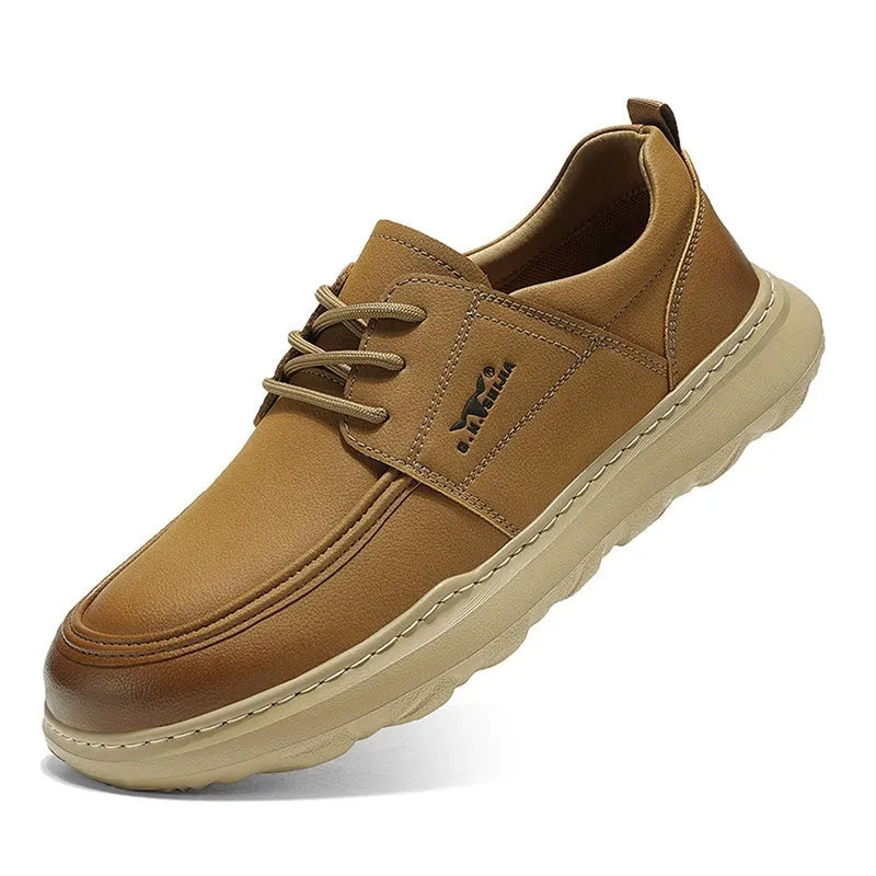 Men's casual leather shoes with plain surface and rubber foam sole in yellow or grey, sizes 38 to 44