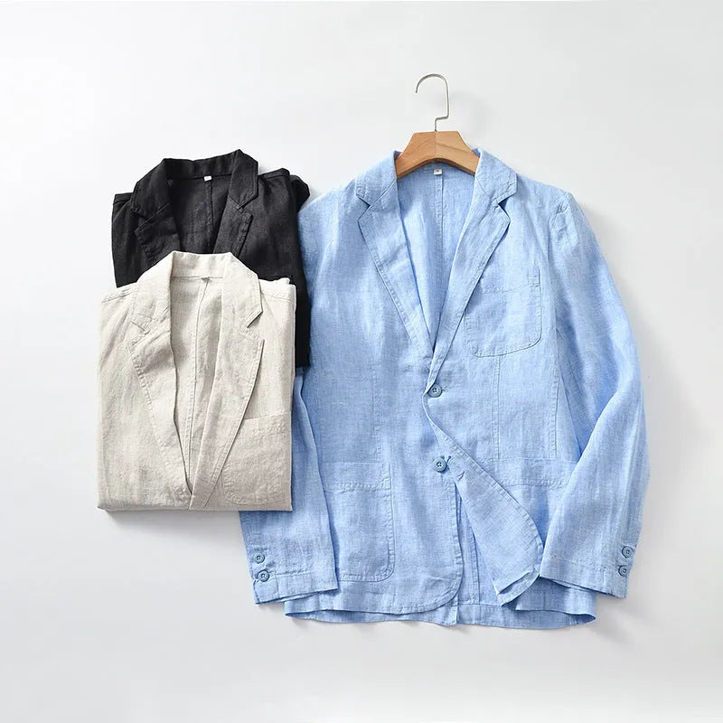 Men's thin linen suit coat in a solid colour with a stick pocket on the chest.