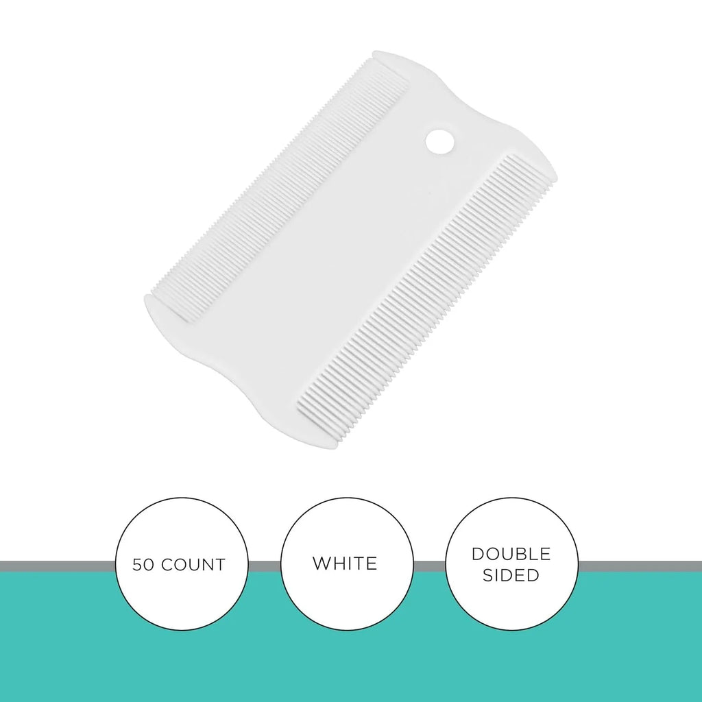 Small white double-sided plastic flea comb for dogs and cats on a blue background.