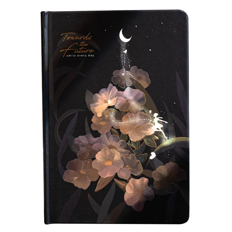 A5 spiral-bound notebook with a luminous coloured cover, open to show lined pages with colour illustrations.
