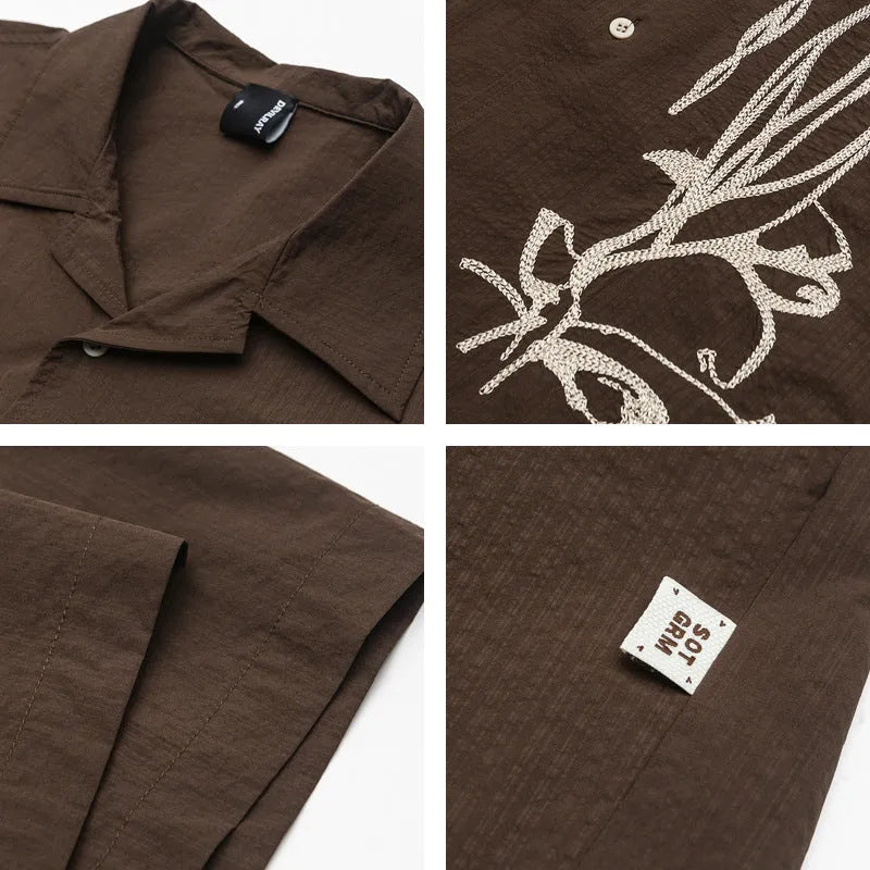 Brown striped men's short sleeve shirt with a Cuban collar, made from quick-dry polyester for outdoor use.