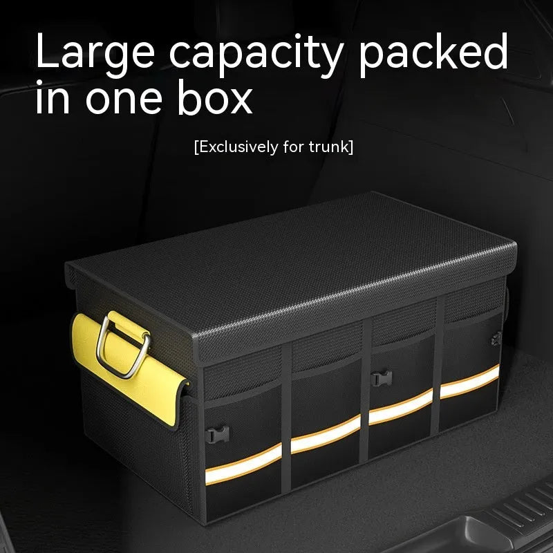 Black and yellow foldable car storage bag with handle in three size options