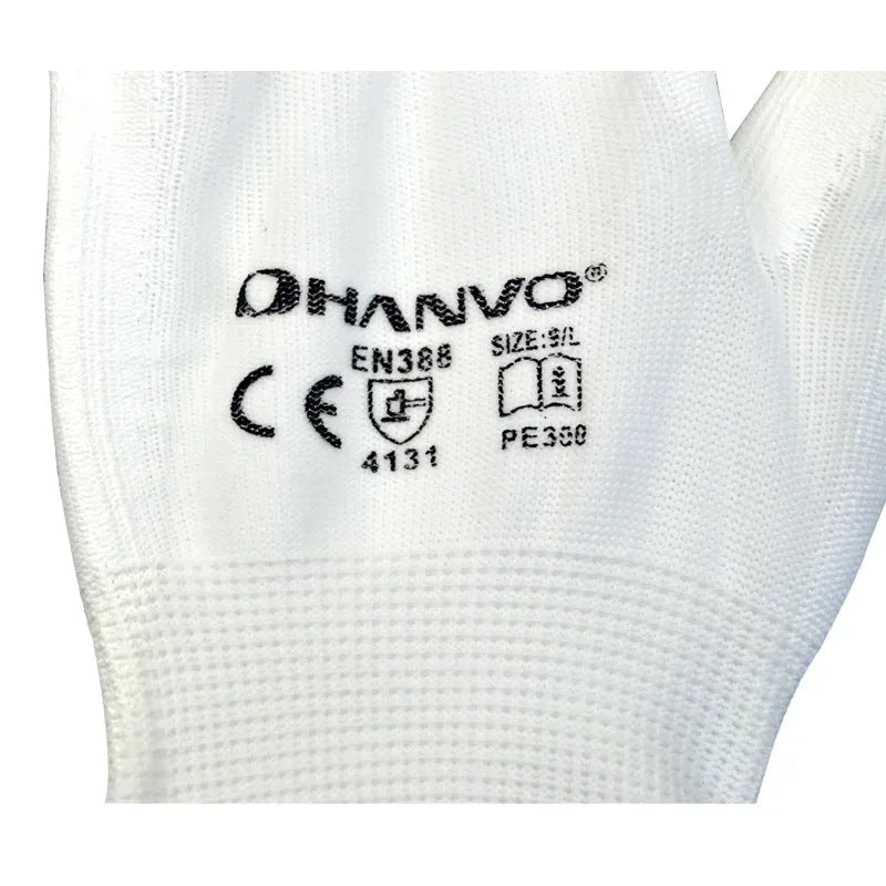 White PU coated labour gloves showing 24cm length and flexible construction