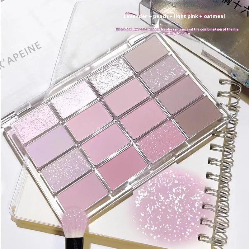 16 colour eye shadow palette with crouching silkworm design showing pink and brown shimmer matte shades