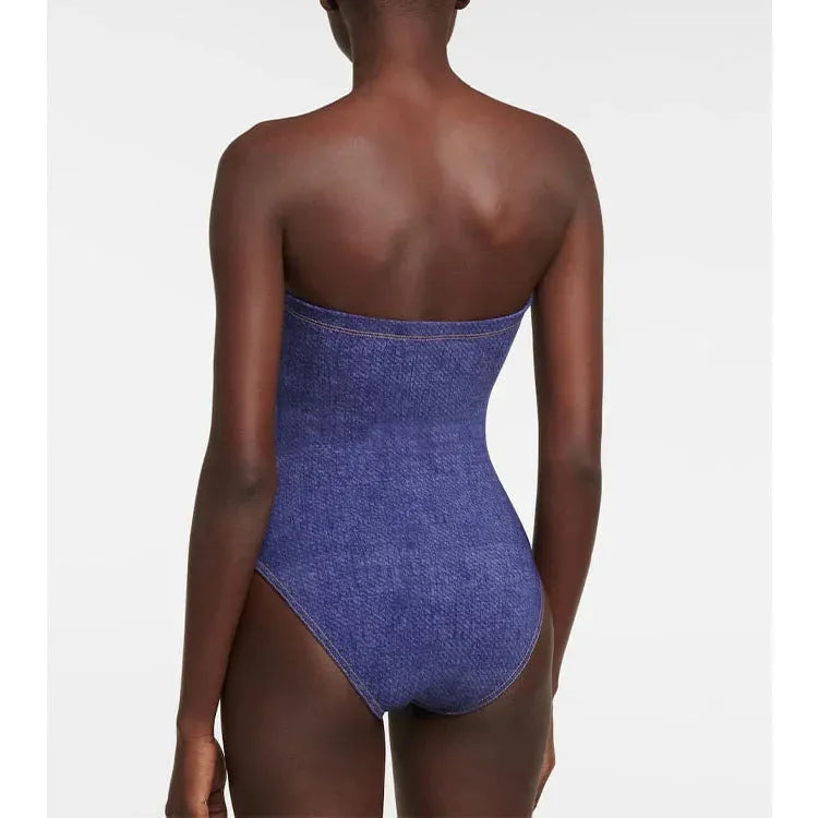Women's denim colour vintage one-piece swimsuit with separate skirt for beach holidays