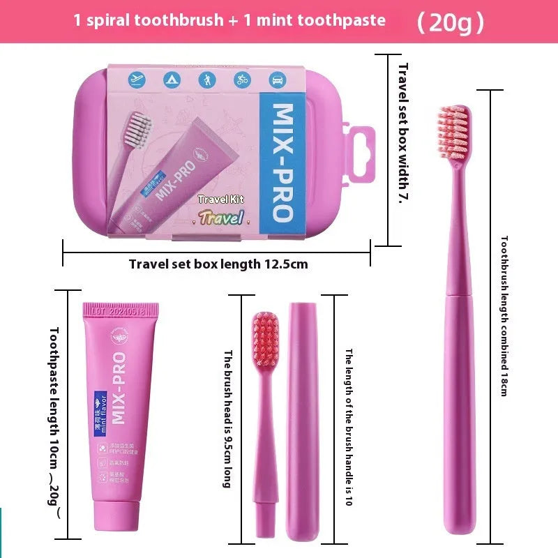 Portable travel toothbrush and toothpaste set for adults in Travel Set Blue or Travel Set Pink.