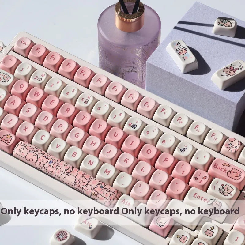Close-up of a pink Fragrant Pig design on a white PBT plastic keycap for mechanical keyboards.
