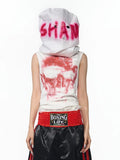 Black half turtleneck sleeveless T-shirt with white character pattern print, slim fit